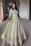 Indian Anarkali dress in Chinon silk shown in a full-length outdoor pose with embroidered dupatta