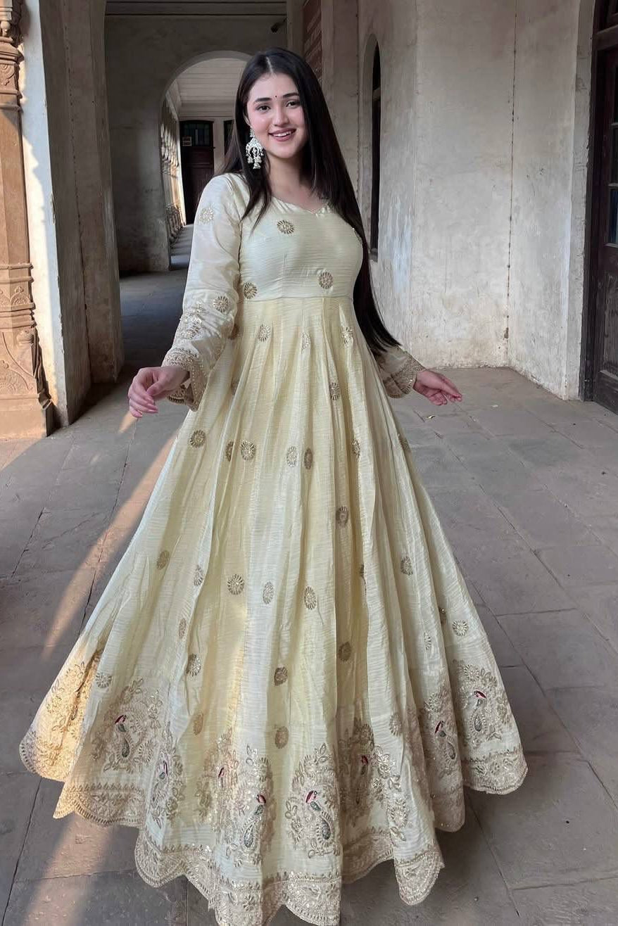 Indian Anarkali dress in Chinon silk shown in a full-length outdoor pose with embroidered dupatta