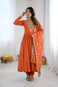 Indian Anarkali dress three piece set in Roman Silk with embroidered sequin work