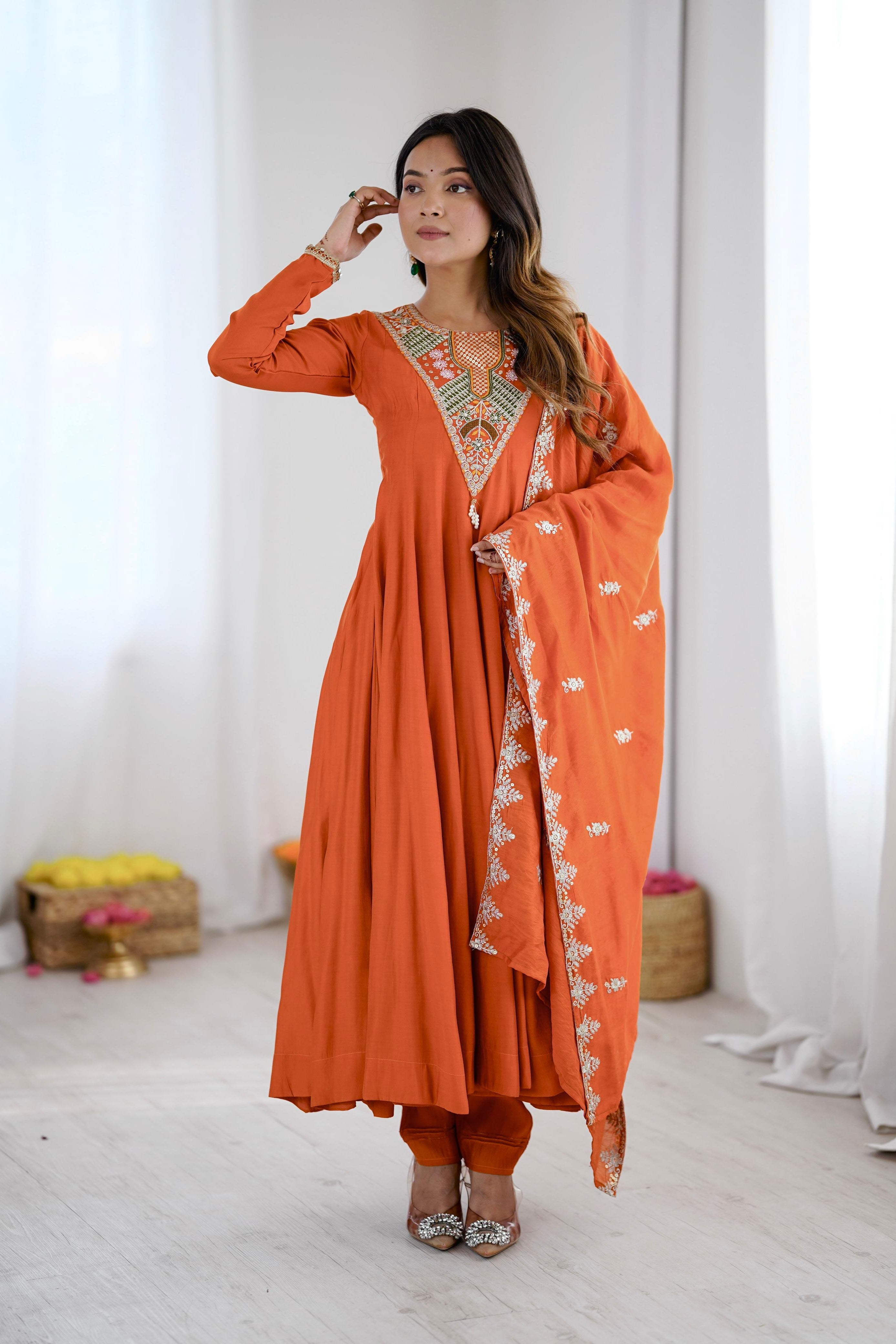 Indian Anarkali dress three piece set in Roman Silk with embroidered sequin work