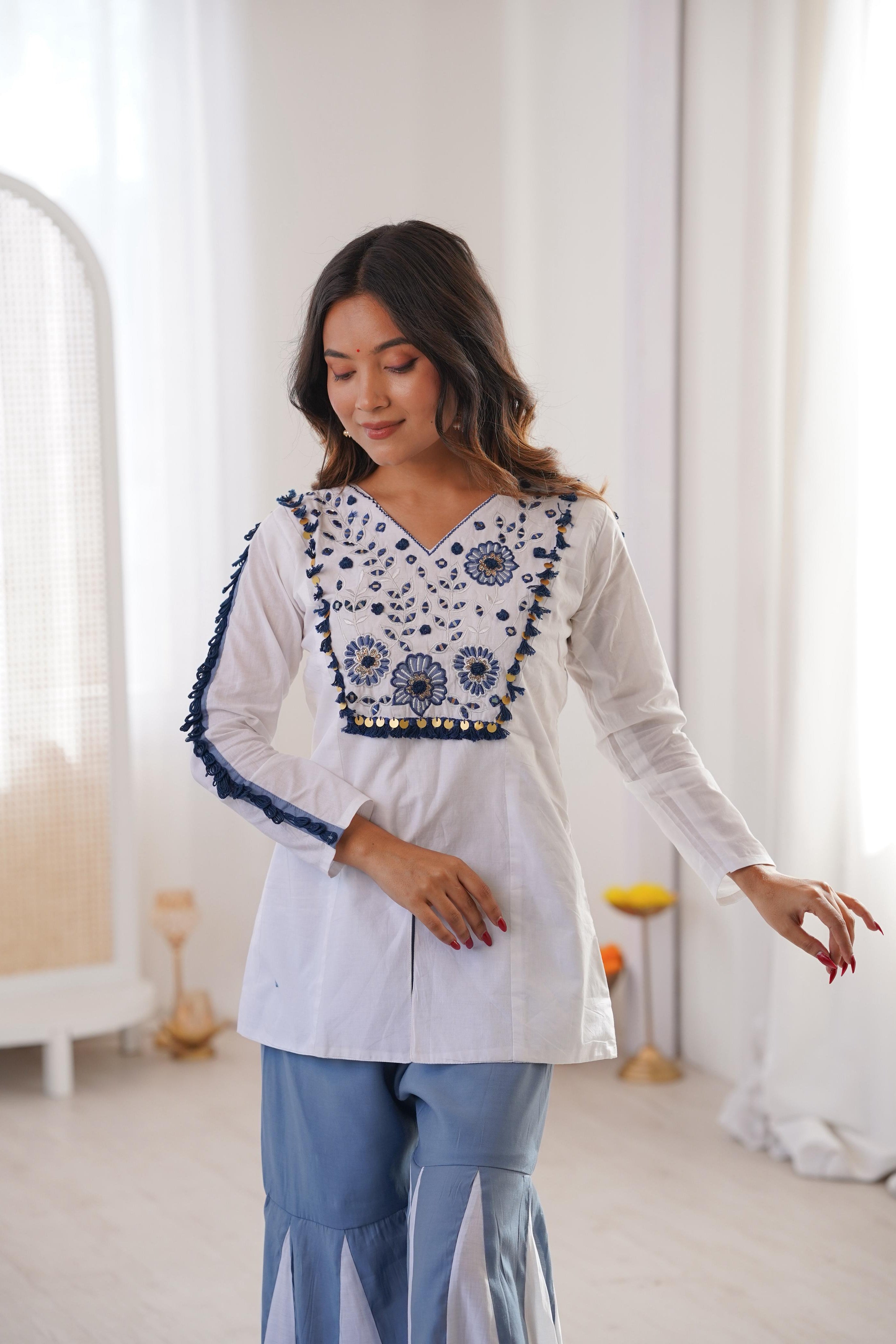 Indian ethnic Kurta Palazzo Set in white and blue Roman Silk with embroidered details