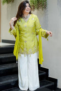 Indian kurta set in lime green pure viscose silk with sequin cording embroidery and embellished cuffs