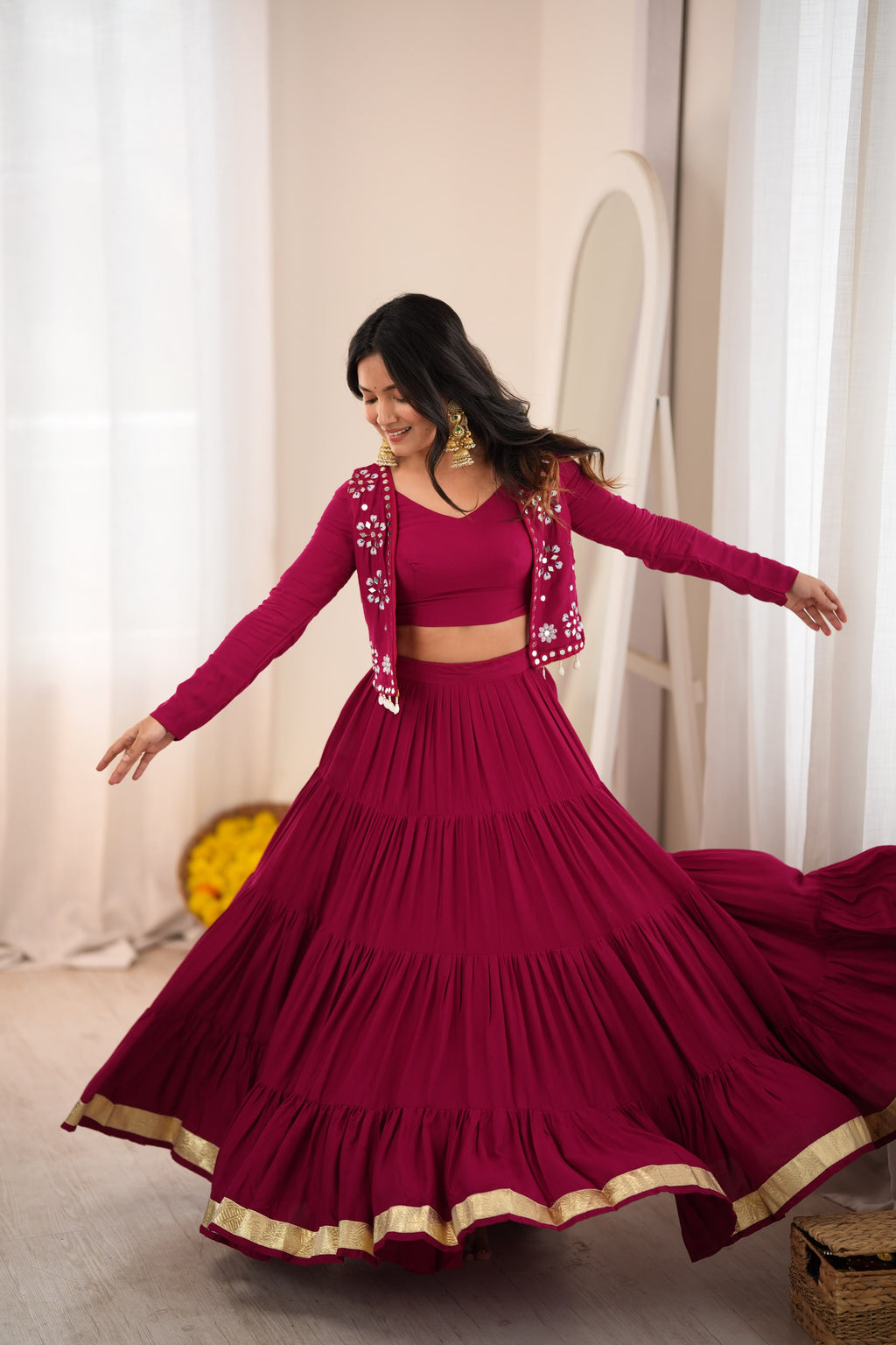 Indian lehenga choli model view highlighting the full gathered 9-meter skirt flair