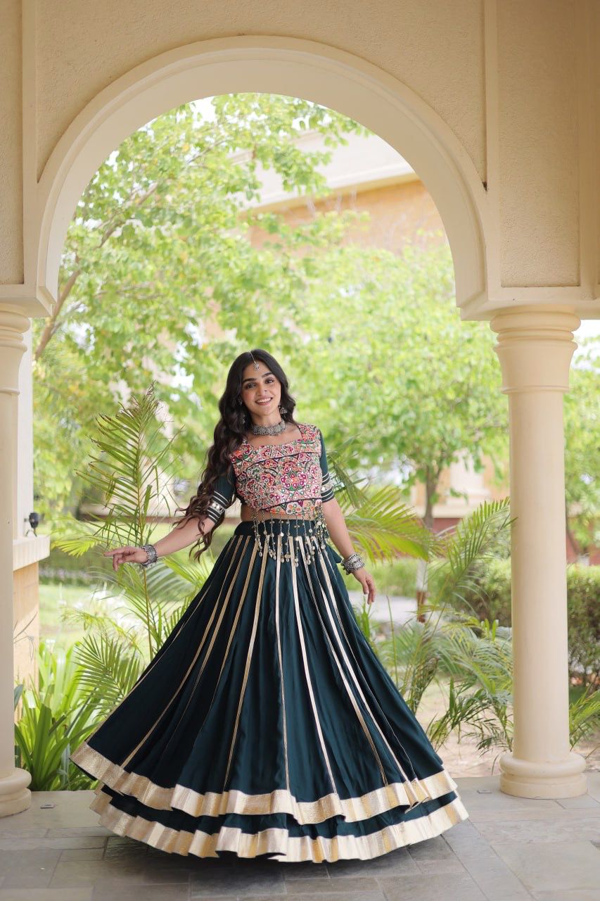 Indian lehenga choli shown with wide 5 meter flair and Gota Patti lace border