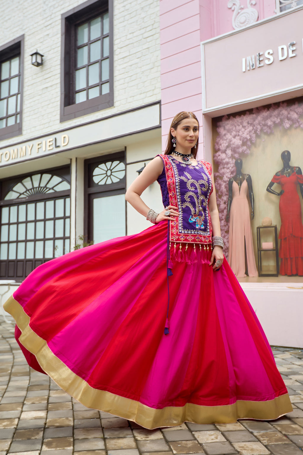 Purple pink Indian lehenga choli set with embroidered shrug and gold border