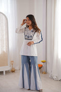 White and blue Kurta Palazzo Set with mirror embroidery and full-flair palazzo