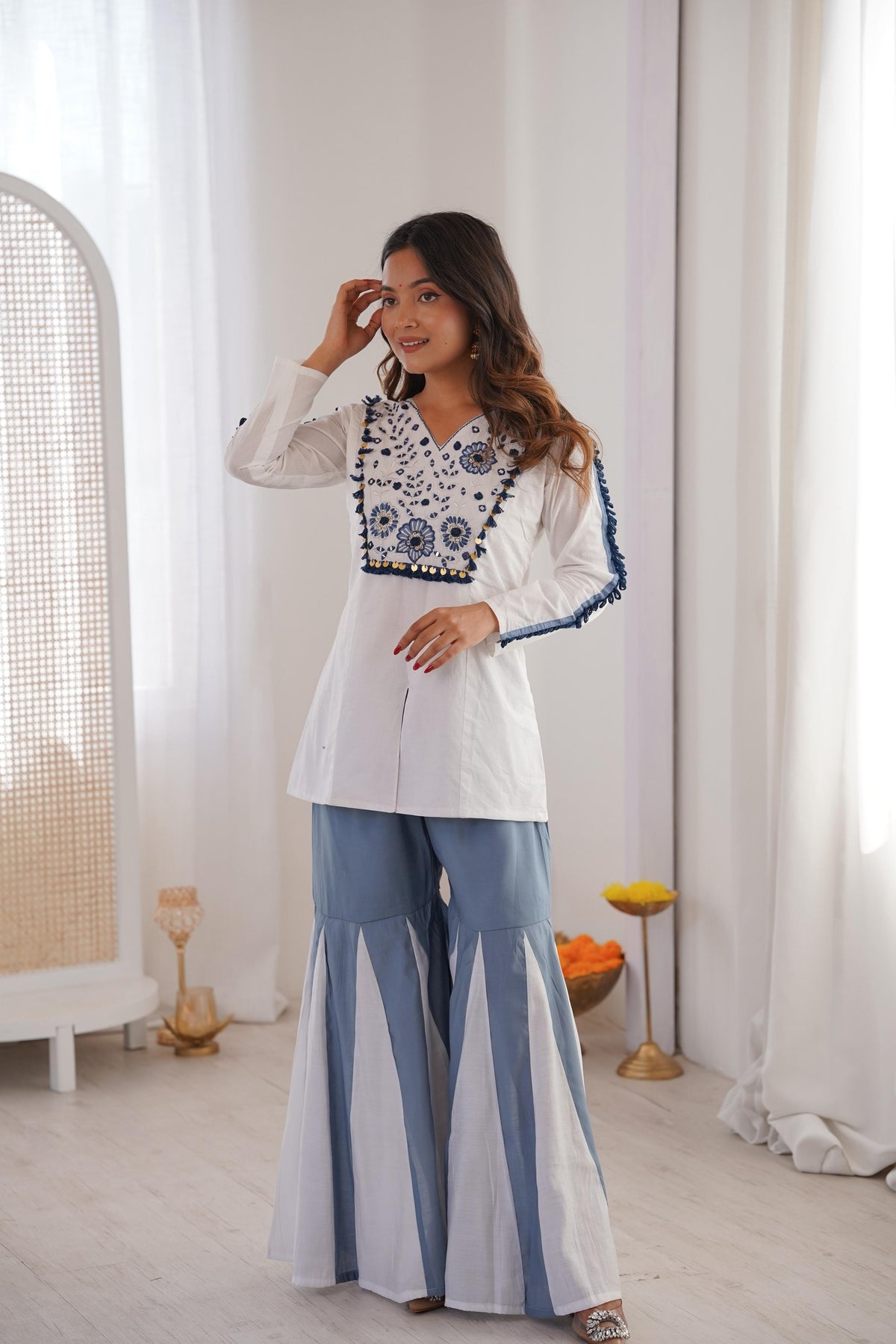 White and blue Kurta Palazzo Set with mirror embroidery and full-flair palazzo
