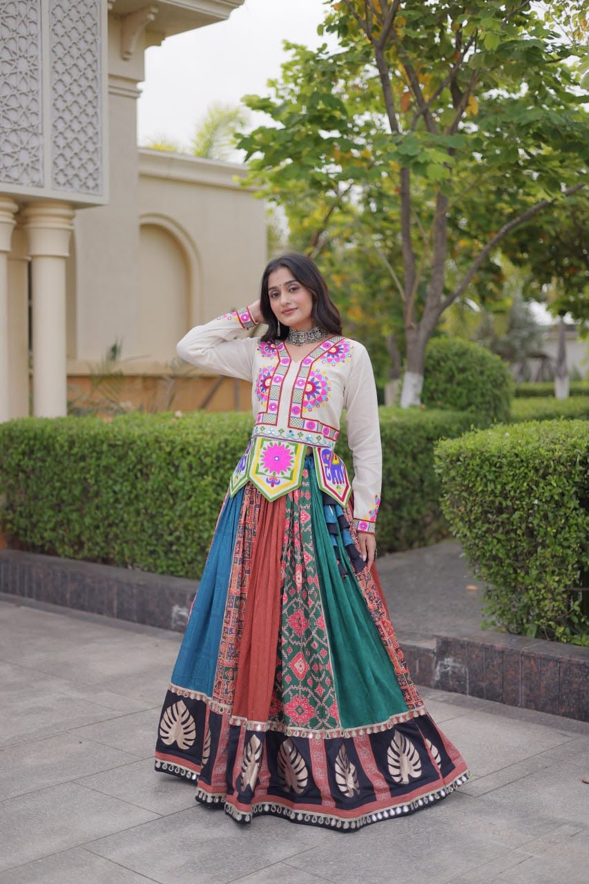 Traditional Kutchi embroidered Navratri outfit with colorful lehenga