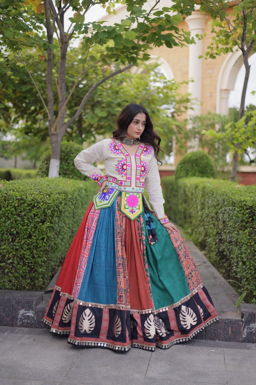 Kutchi Gamthi embroidered cotton blouse with colorful Navratri lehenga