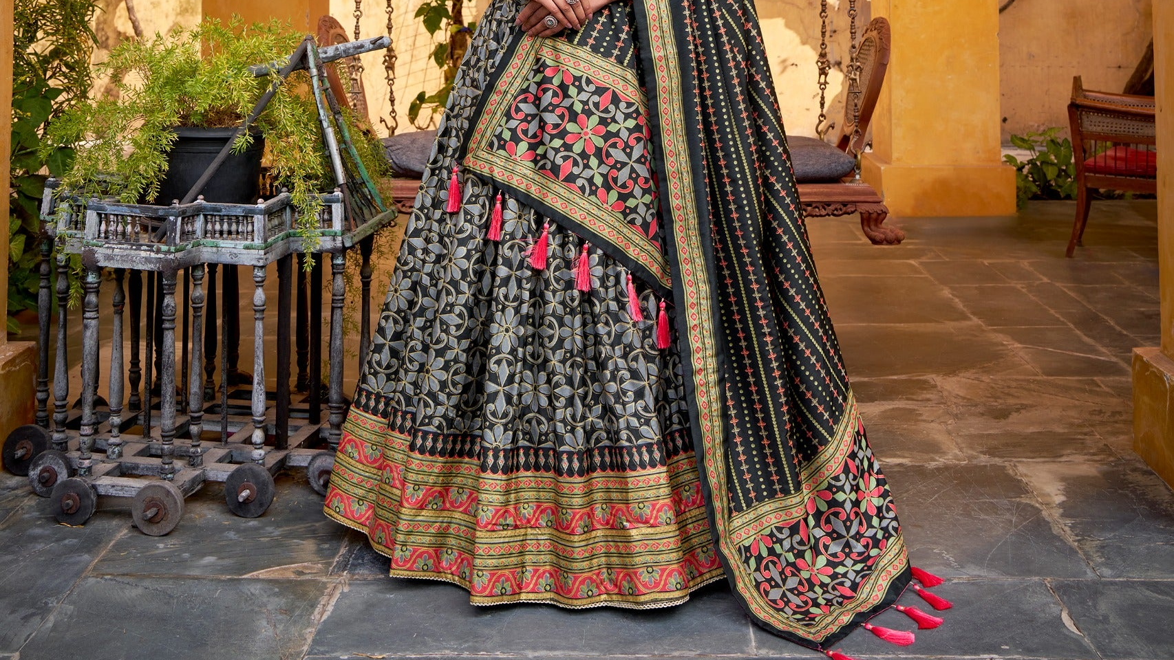 Lehenga Choli with sparkle work, patterned skirt