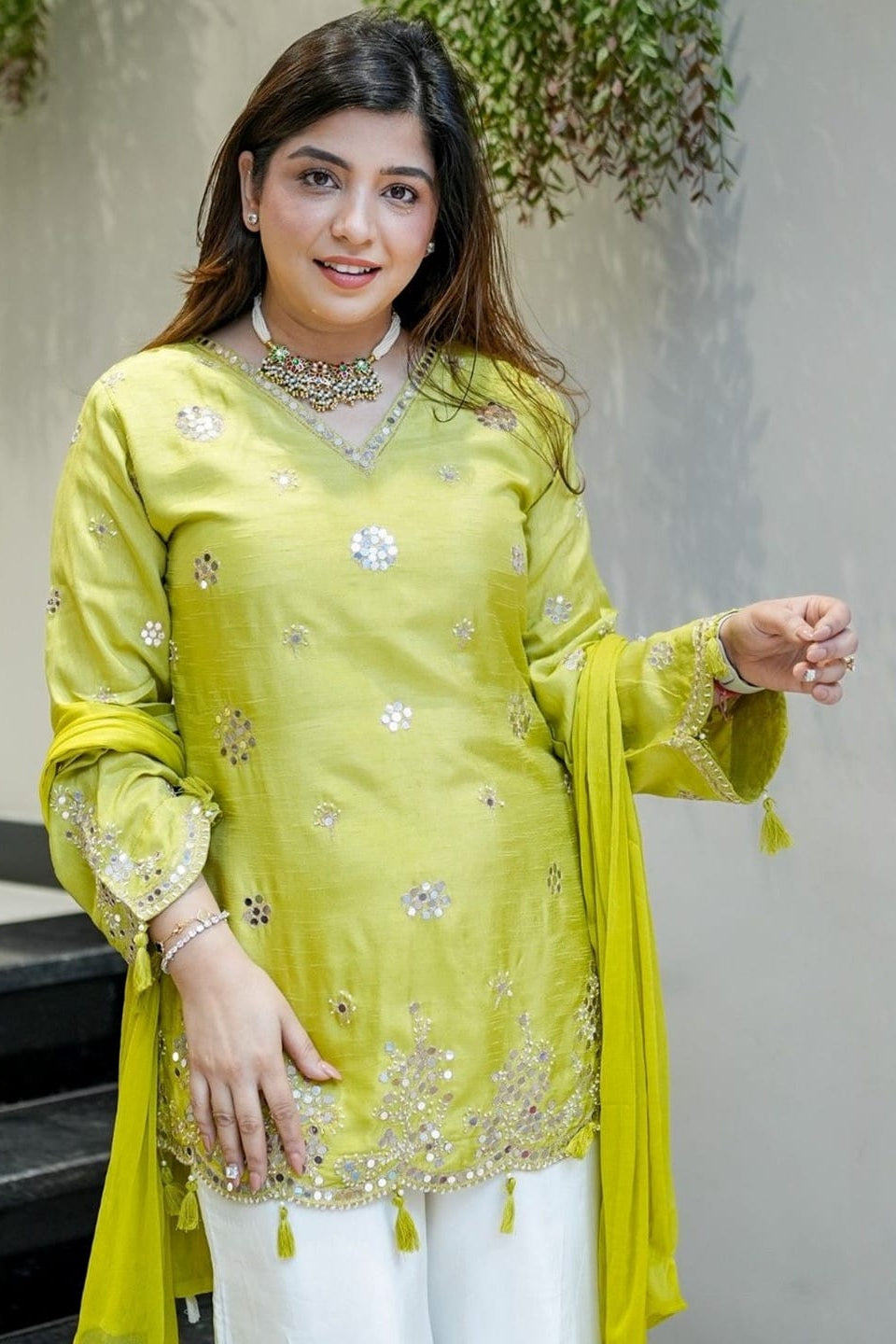 Lime green Indian kurta set with pure viscose silk fabric, sequin embroidery, Nazmin dupatta and white pants