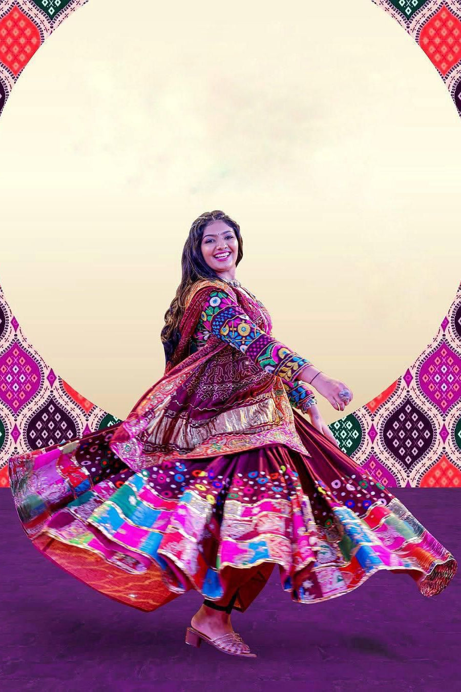 Maroon Chaniya Choli back view highlighting the printed dupatta and vibrant lehenga border