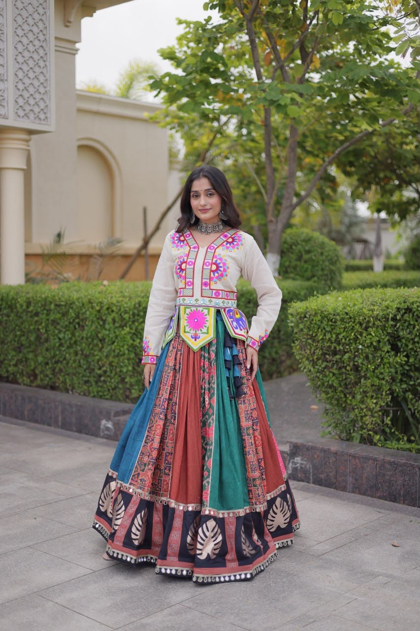 Multicolor cotton printed Navratri lehenga with traditional mirror detailing