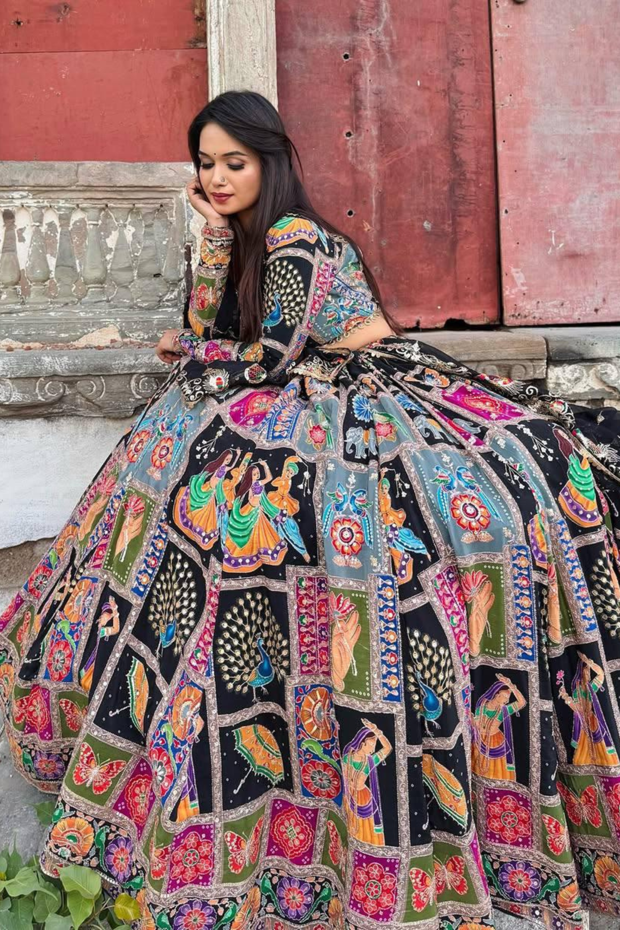 Multicolor Gujarati chaniya choli with flared printed lehenga and traditional mirror work