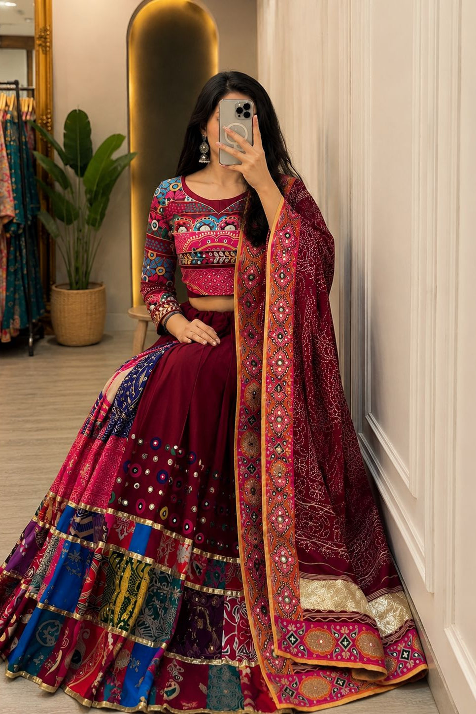 Muslin cotton Chaniya Choli featuring digital print, mirror work and maroon flared lehenga