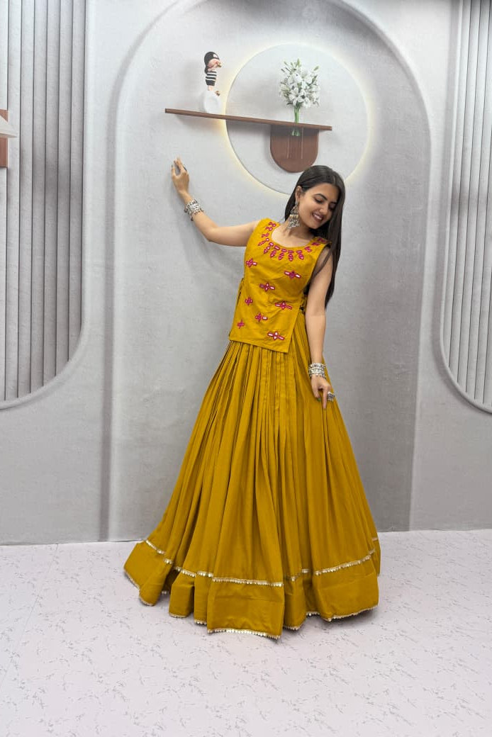 Mustard Rion cotton lehenga choli styled for Navratri and festive celebrations