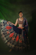 Full front view of navy blue Navratri Chaniya Choli with digital print and mirror work