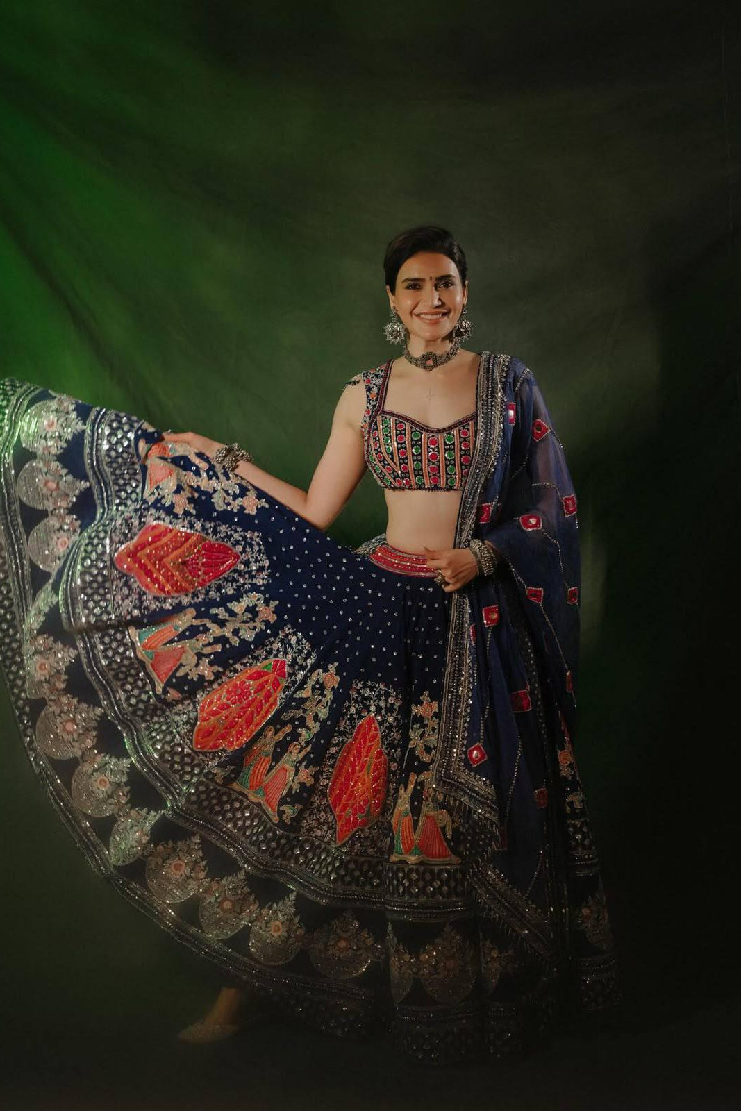 Full front view of navy blue Navratri Chaniya Choli with digital print and mirror work