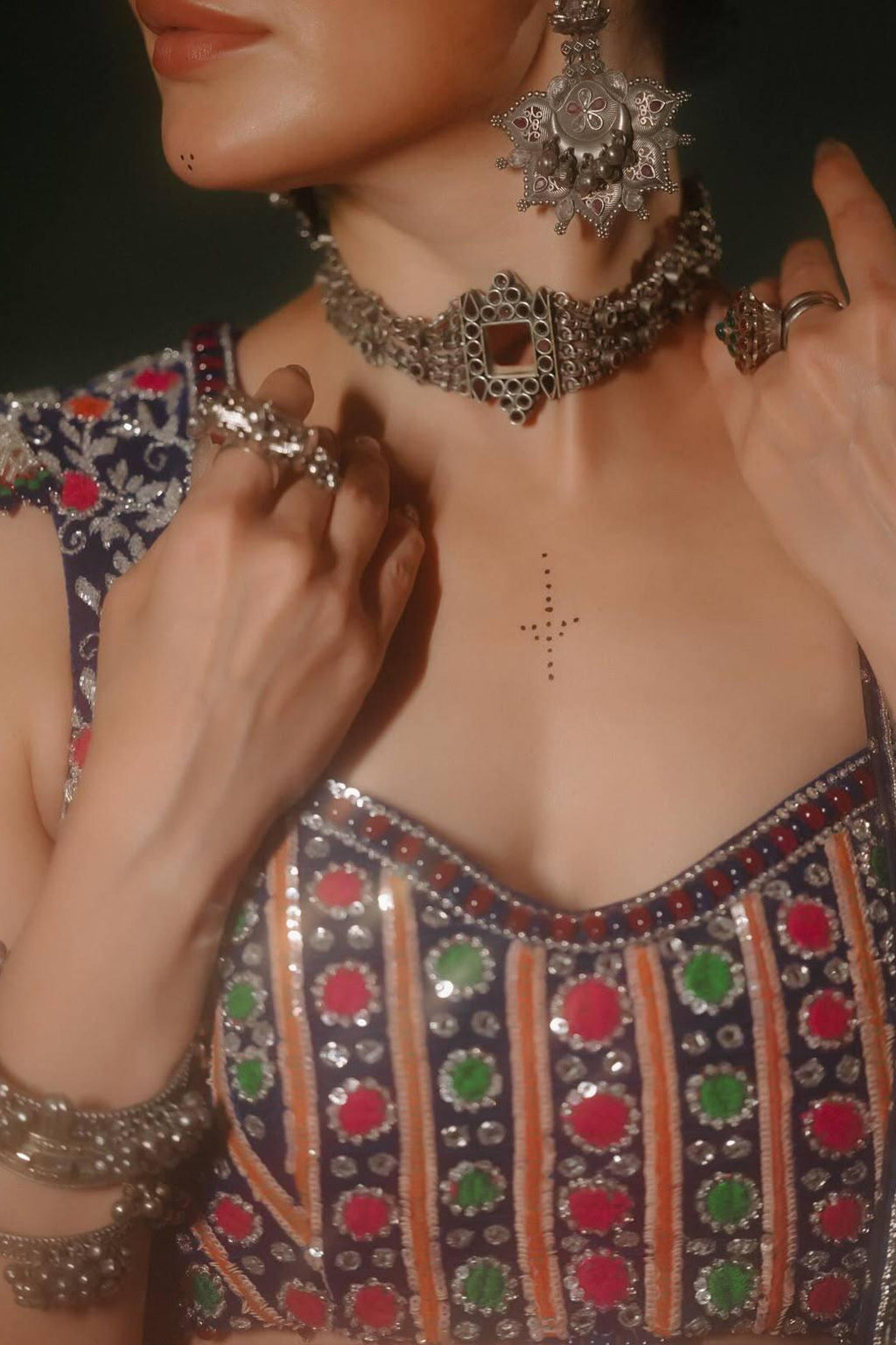Navy blue Navratri Chaniya Choli close-up showing colourful digital print and real mirror work