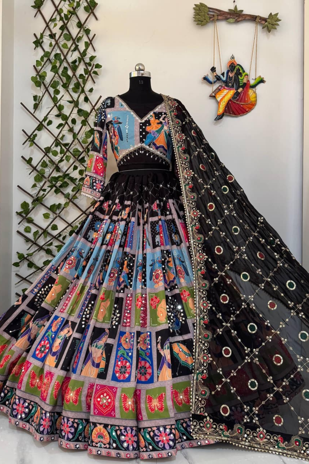 Navratri chaniya choli for women with multicolor print and real mirror work