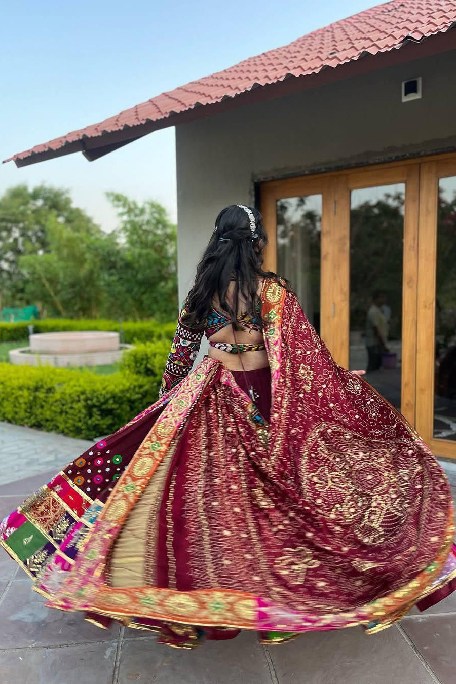 Navratri Chaniya Choli showcasing colorful digital print, real mirror work and festive detailing