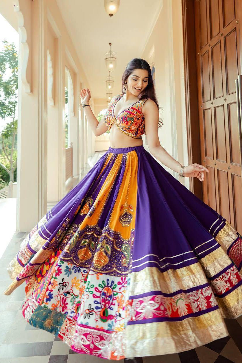 Ready-styled Navratri chaniya choli with purple mirror work dupatta and multicolor printed lehenga