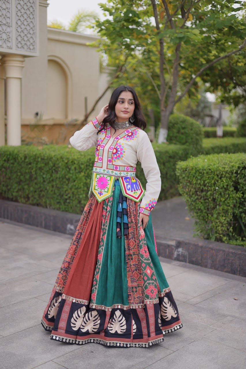 Model wearing a colorful cotton Navratri lehenga choli