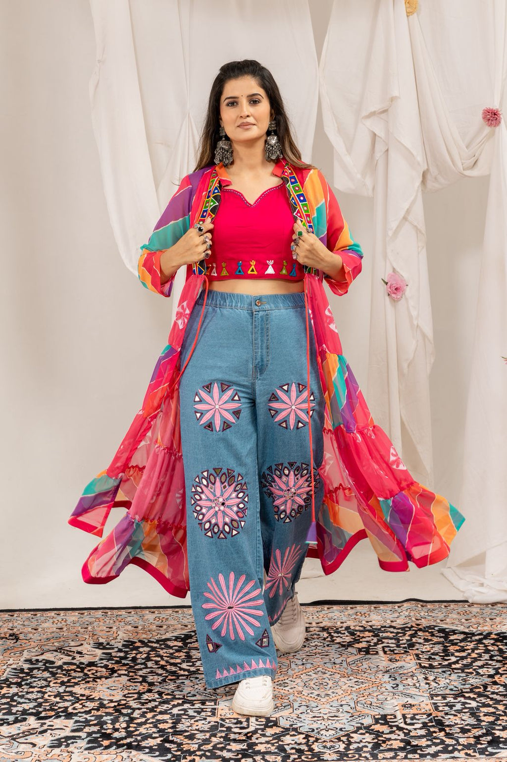 Full Rang Denim Navratri denim outfit with colorful shrug, mirror-work blouse and jeans