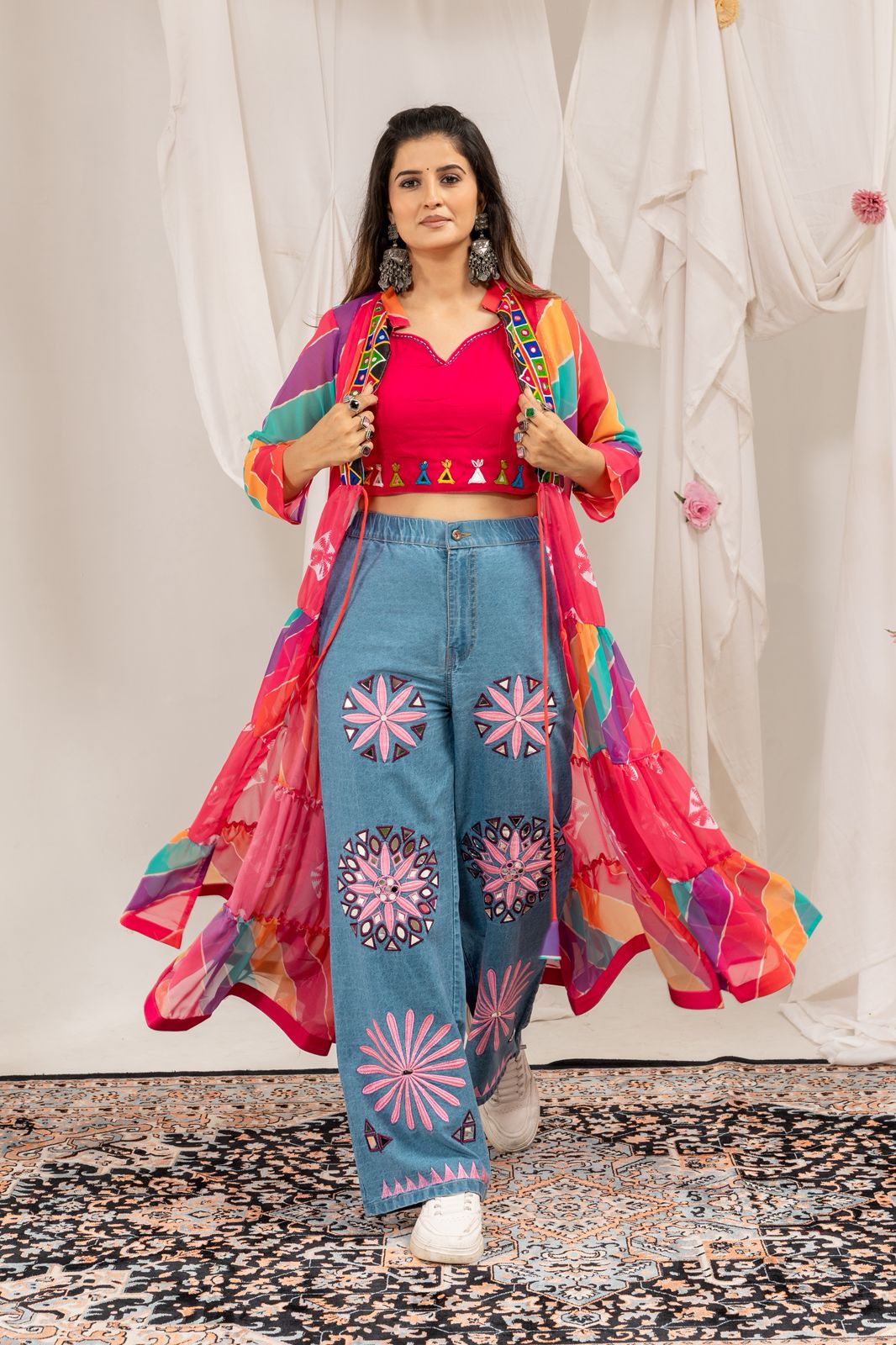 Full Rang Denim Navratri denim outfit with colorful shrug, mirror-work blouse and jeans