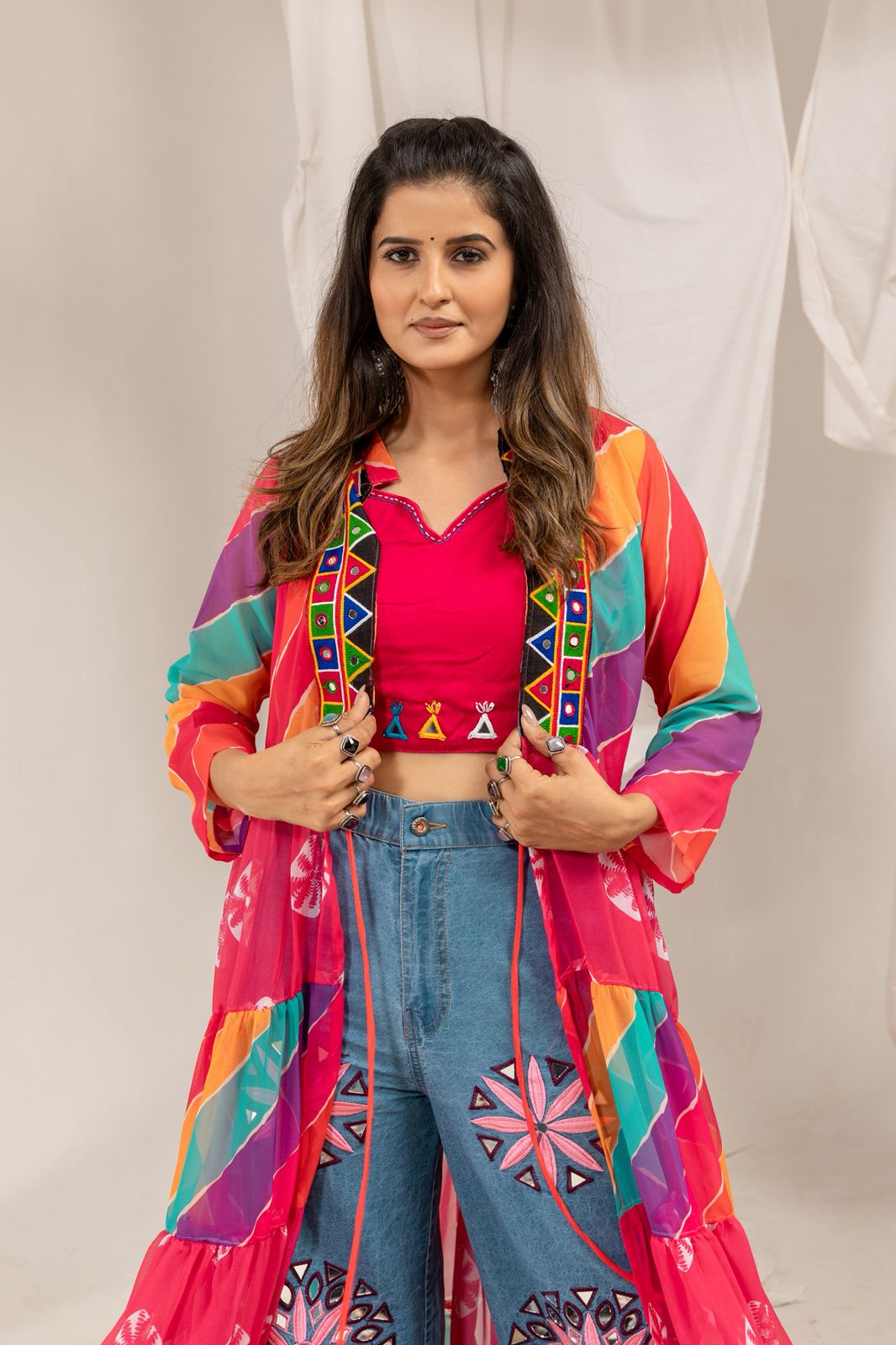 Rang Denim Navratri denim outfit for women with colorful mirror-work shrug and embroidered jeans