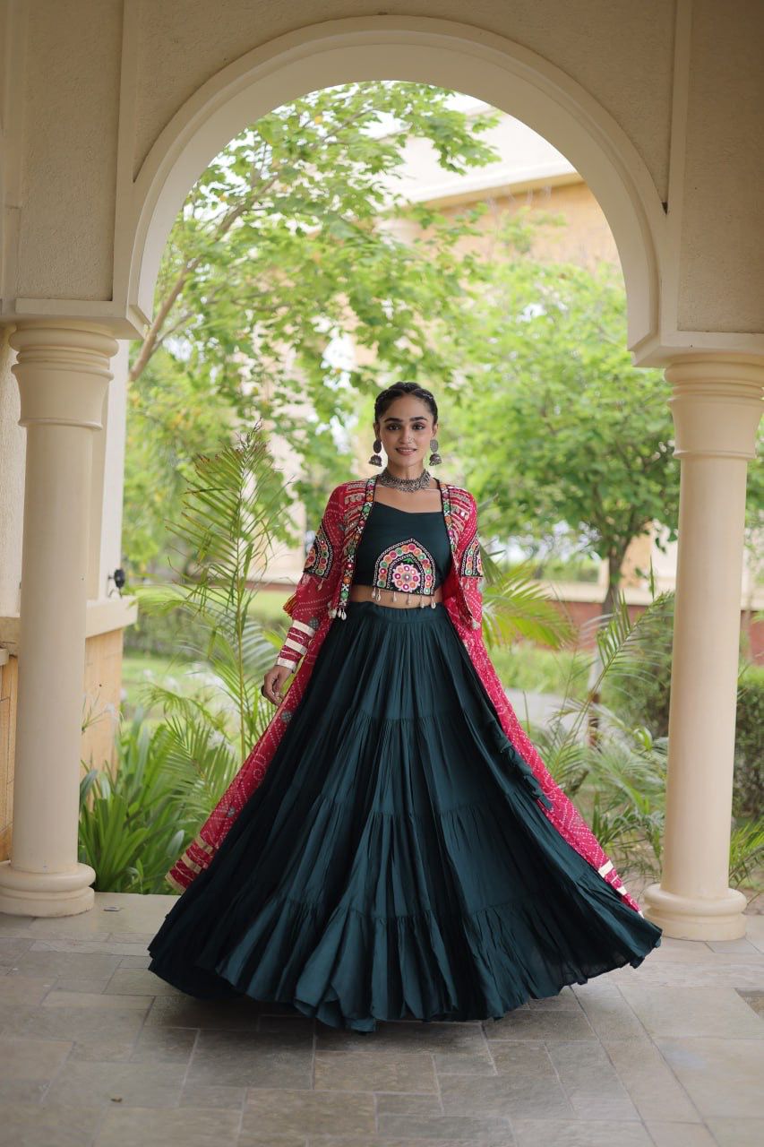 Full-length Navratri lehenga choli with dramatic 12 metre flair and printed pink shrug