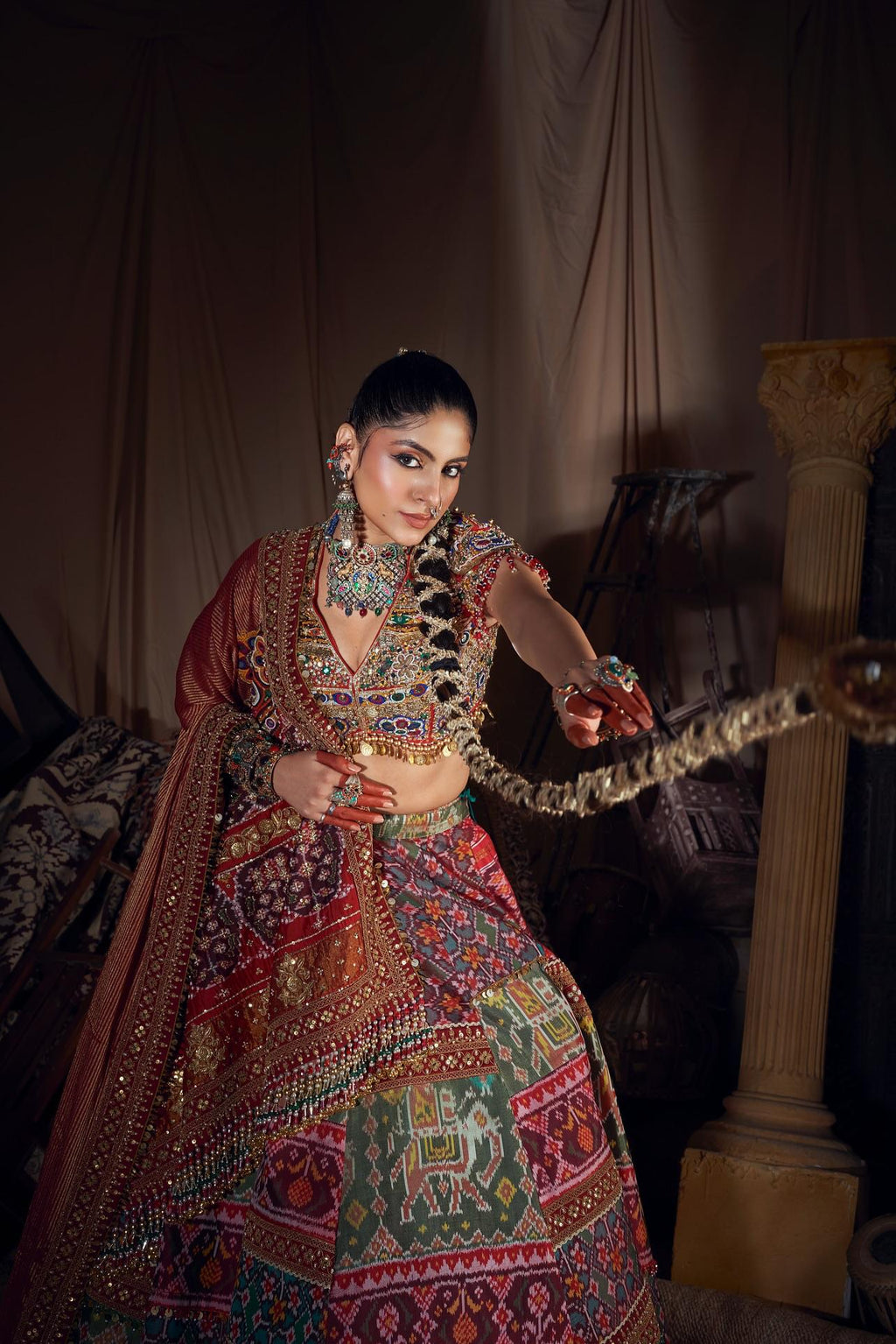 Back view of printed Navratri lehenga choli with heavy muslin cotton dupatta