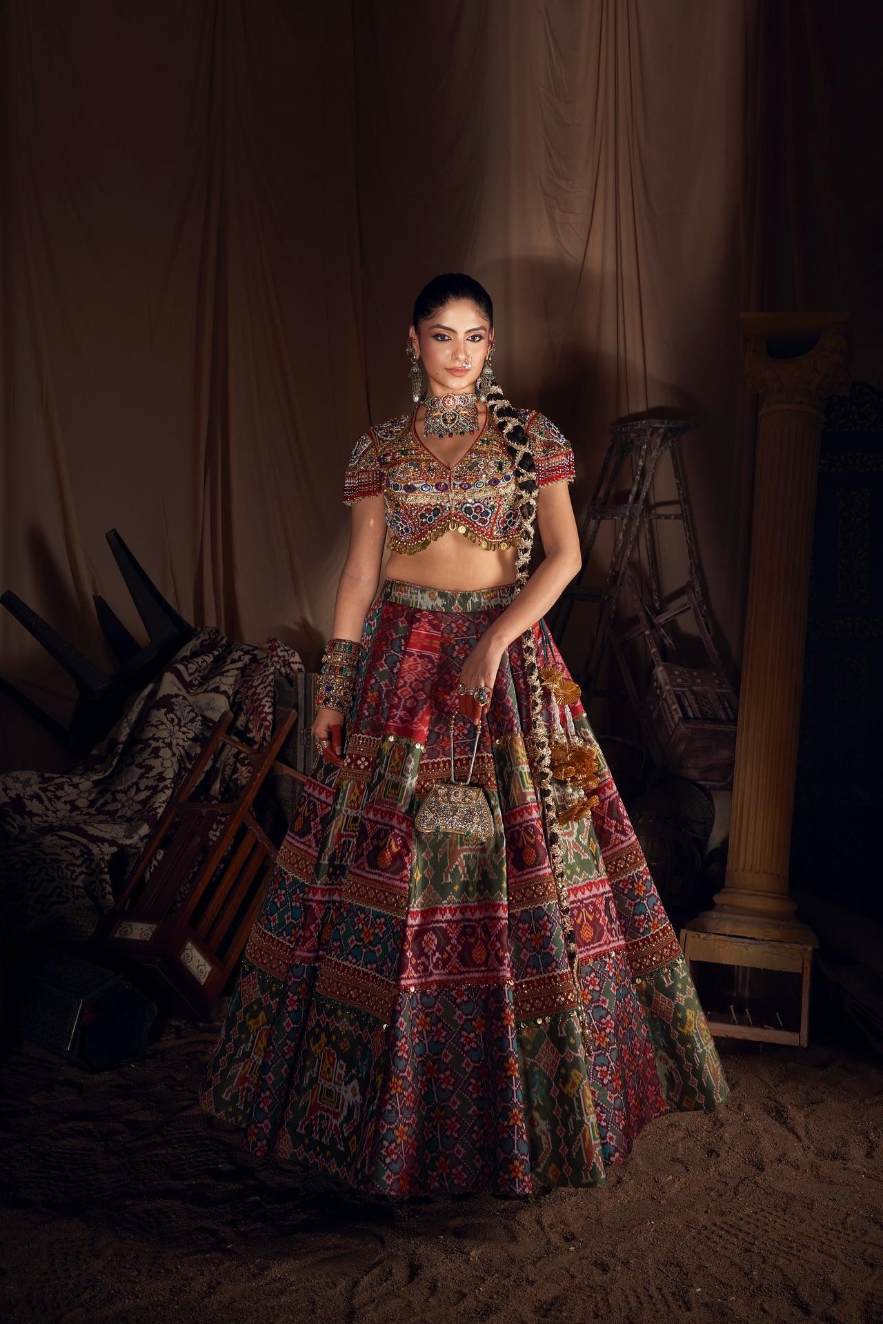 Navratri lehenga choli with multicolour print, real mirror work and 4 meter flair