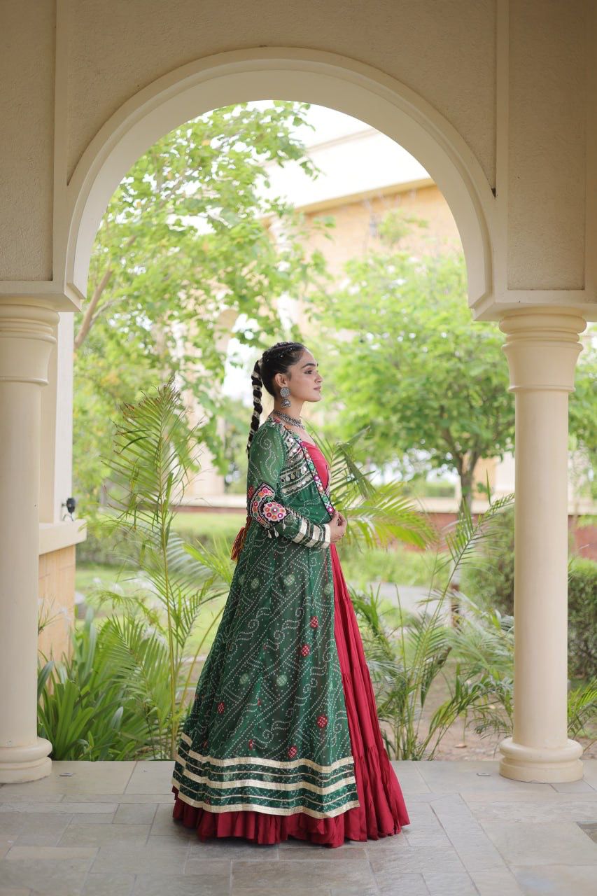 Front view of stitched Navratri lehenga choli with Kutchi patchwork blouse