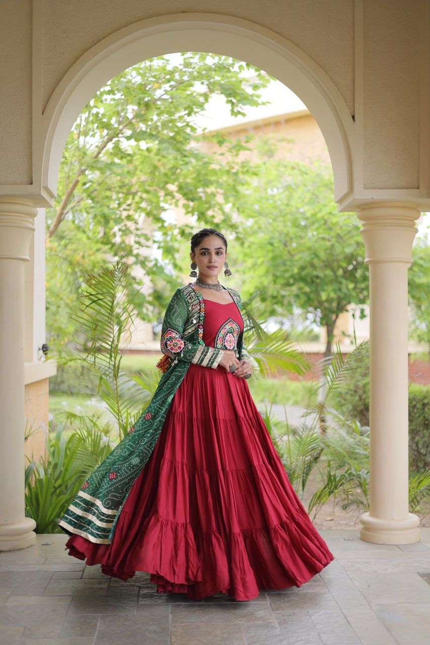 Full-length Navratri lehenga choli with Bandhani print and Kutchi patchwork details