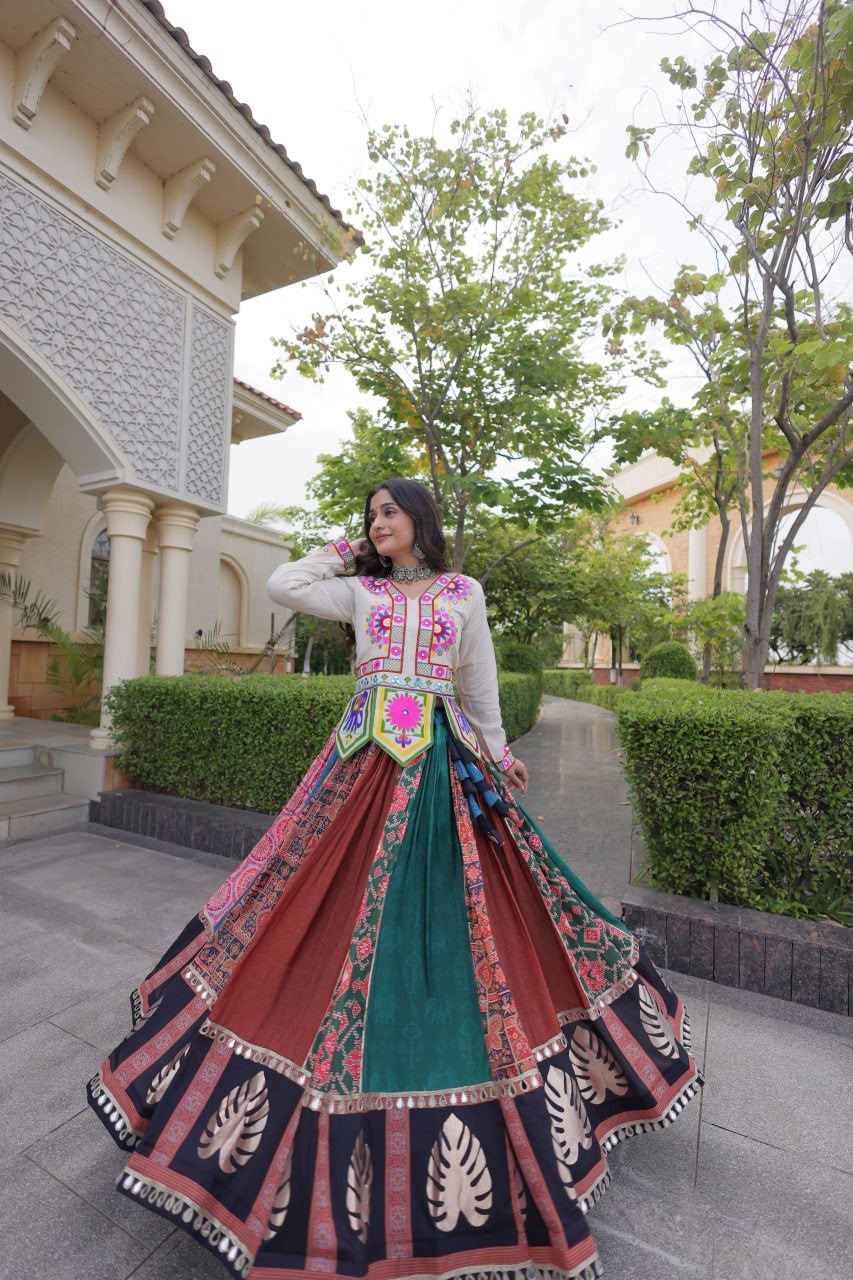 Multicolor Navratri lehenga choli with Kutchi Gamthi embroidered blouse