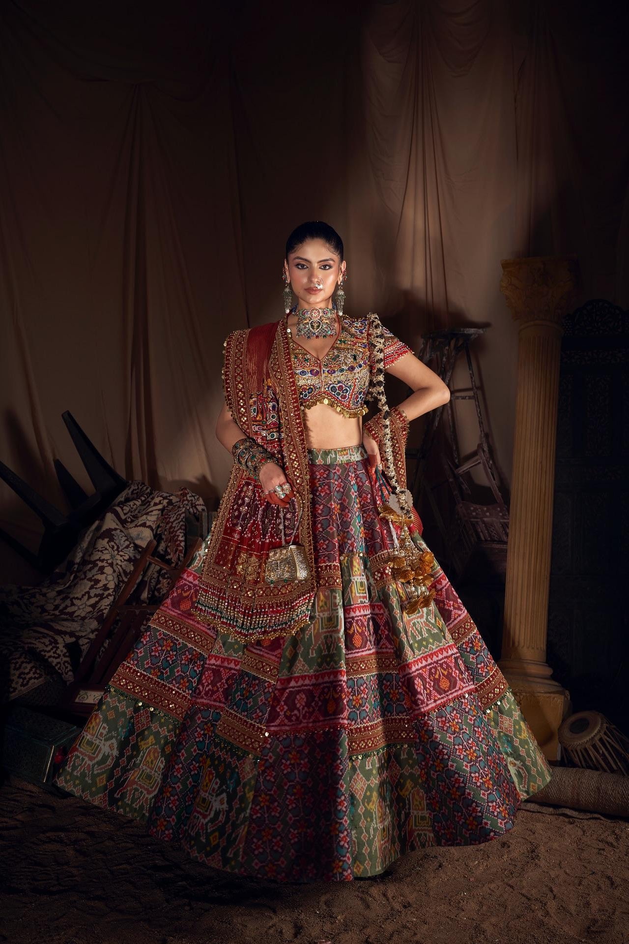 Traditional Navratri lehenga choli with real mirror work, colorful print and festive styling