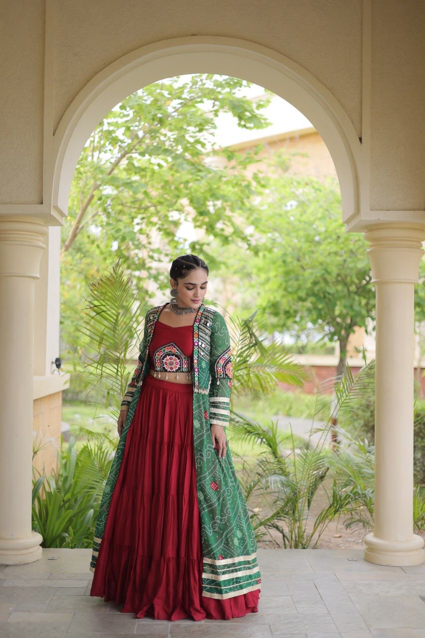 Side view of Navratri lehenga choli showing the printed Kutchi patchwork shrug