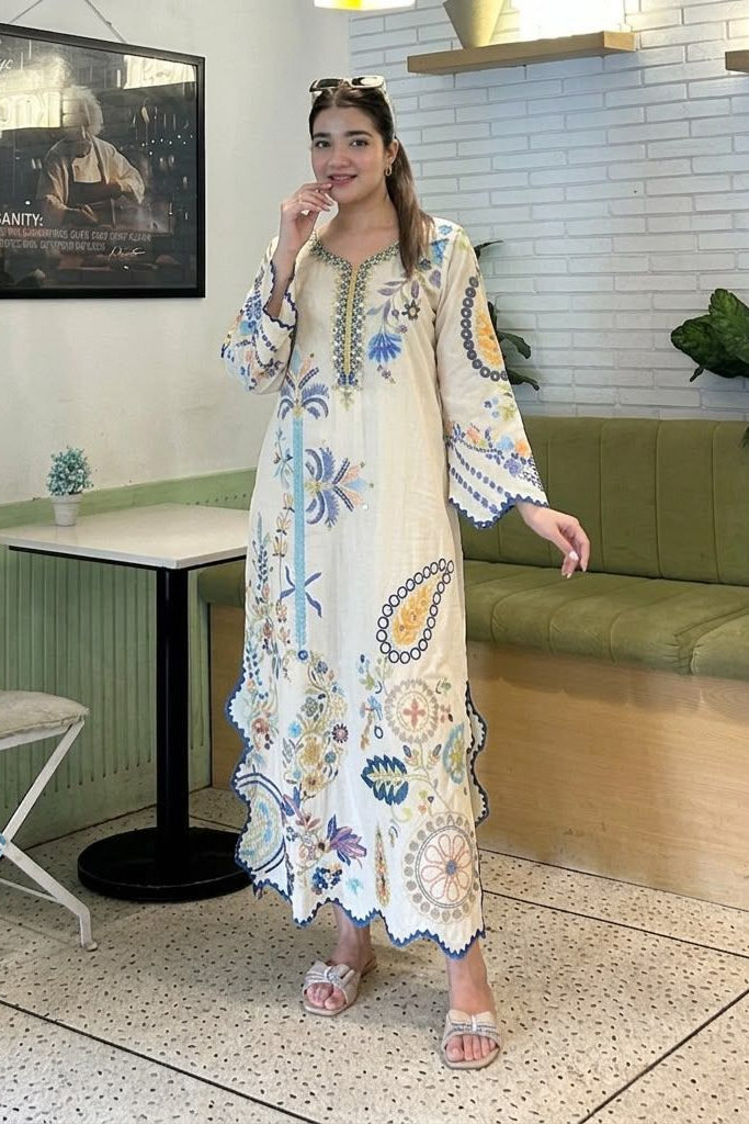 Pakistani kurta set with real mirror work embroidery, long kurta, pants and dupatta