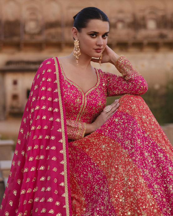 Pink embroidered Anarkali suit with detailed Georgette work and matching dupatta shown in close view