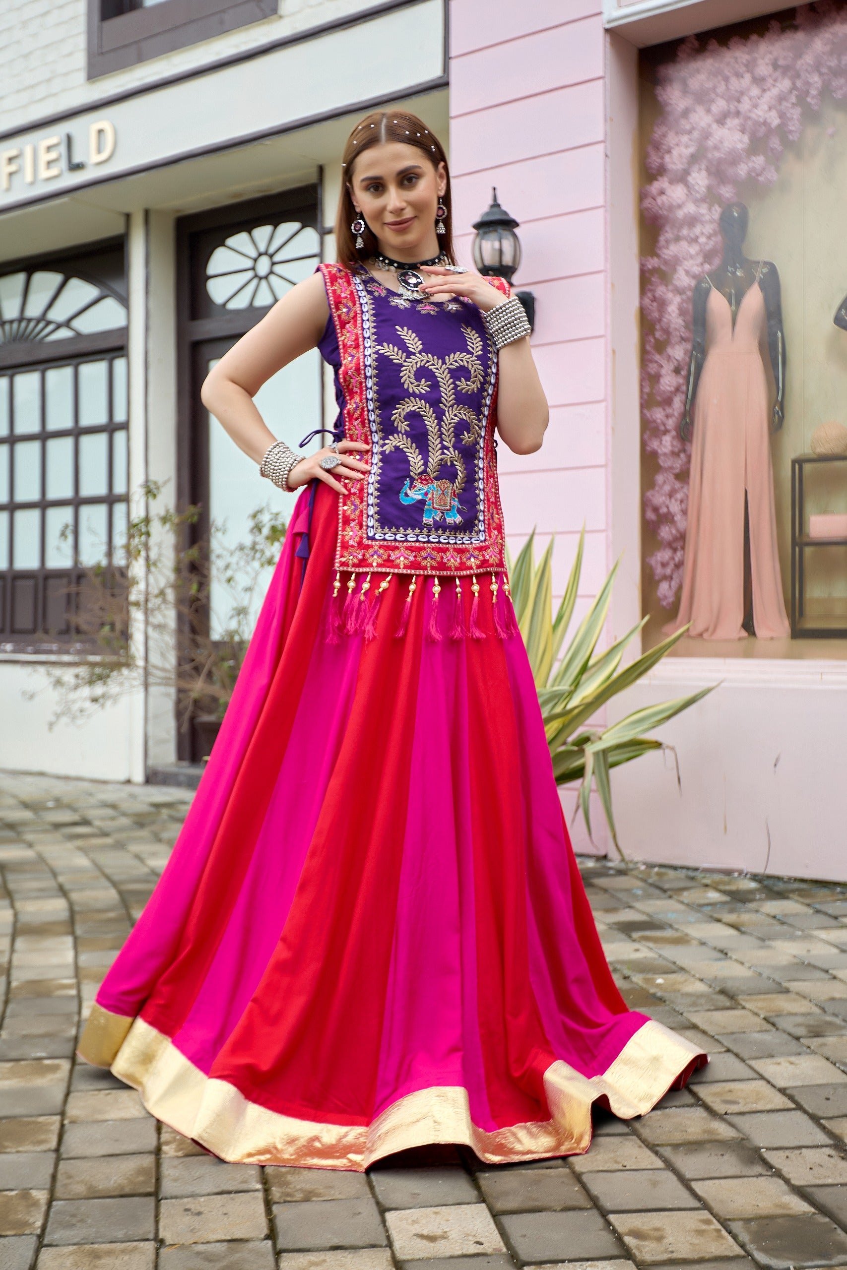 Pink and red cotton lehenga choli set with purple embroidered shrug