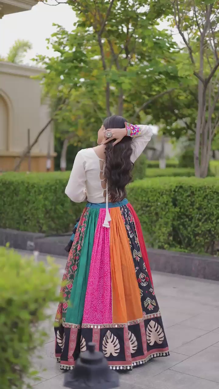 Multicolor cotton printed Navratri lehenga with traditional mirror detailing