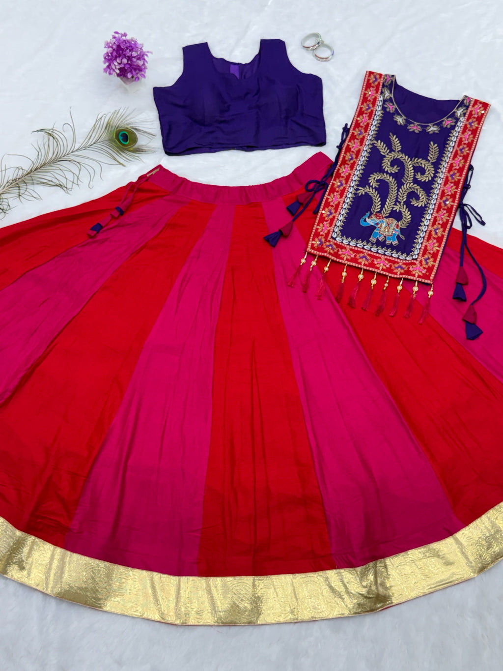 Pure cotton lehenga choli with purple shrug and 6 meter flared skirt flat lay
