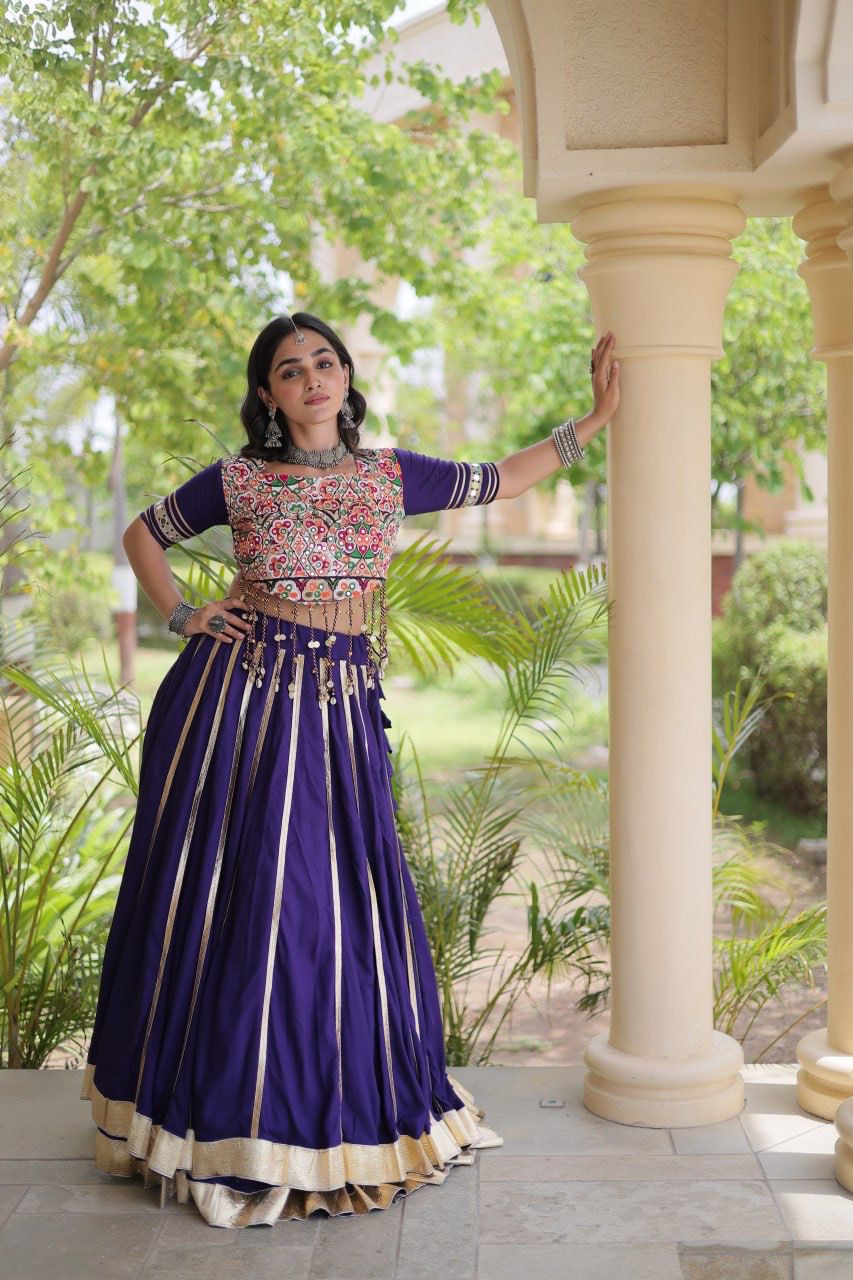 Purple Garba lehenga choli featuring colourful embroidered blouse and Gota Patti details