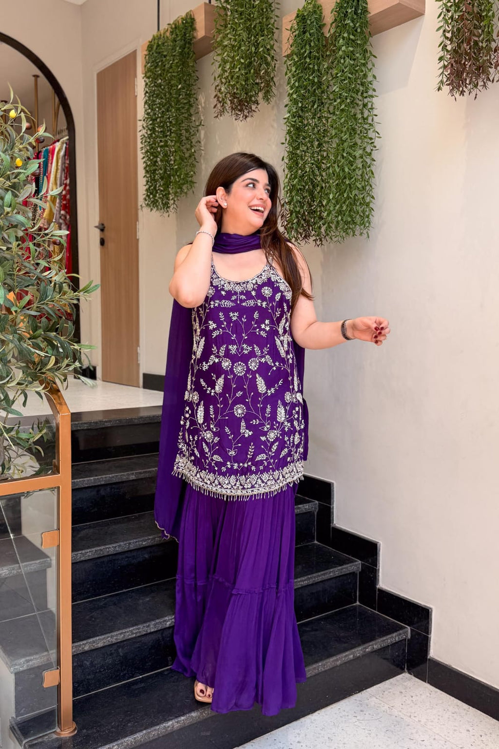 Purple Indian palazzo suit with embroidered Heavy Chinon top and matching flowing palazzo