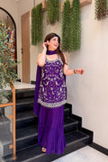Purple Indian palazzo suit with embroidered Heavy Chinon top and matching flowing palazzo