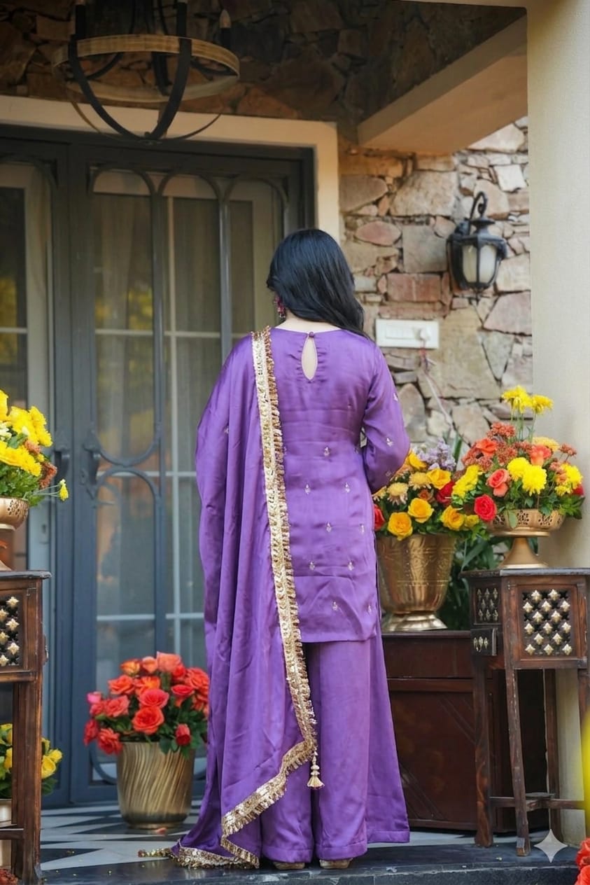 Full-length purple party wear kurta set with palazzo pants and four-side lace dupatta