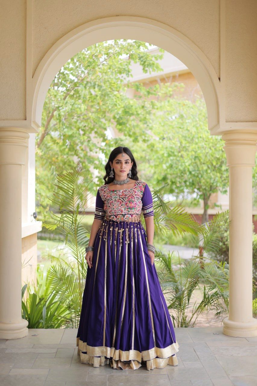 Purple Navratri festive lehenga choli styled for Garba and traditional celebrations