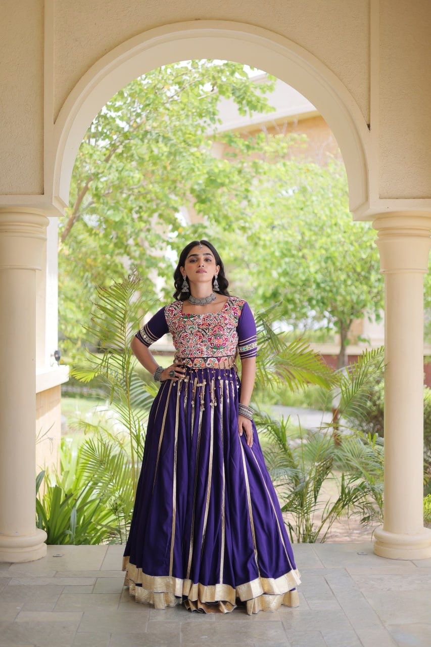 Purple Navratri lehenga choli with Gota Patti border and full flared silhouette