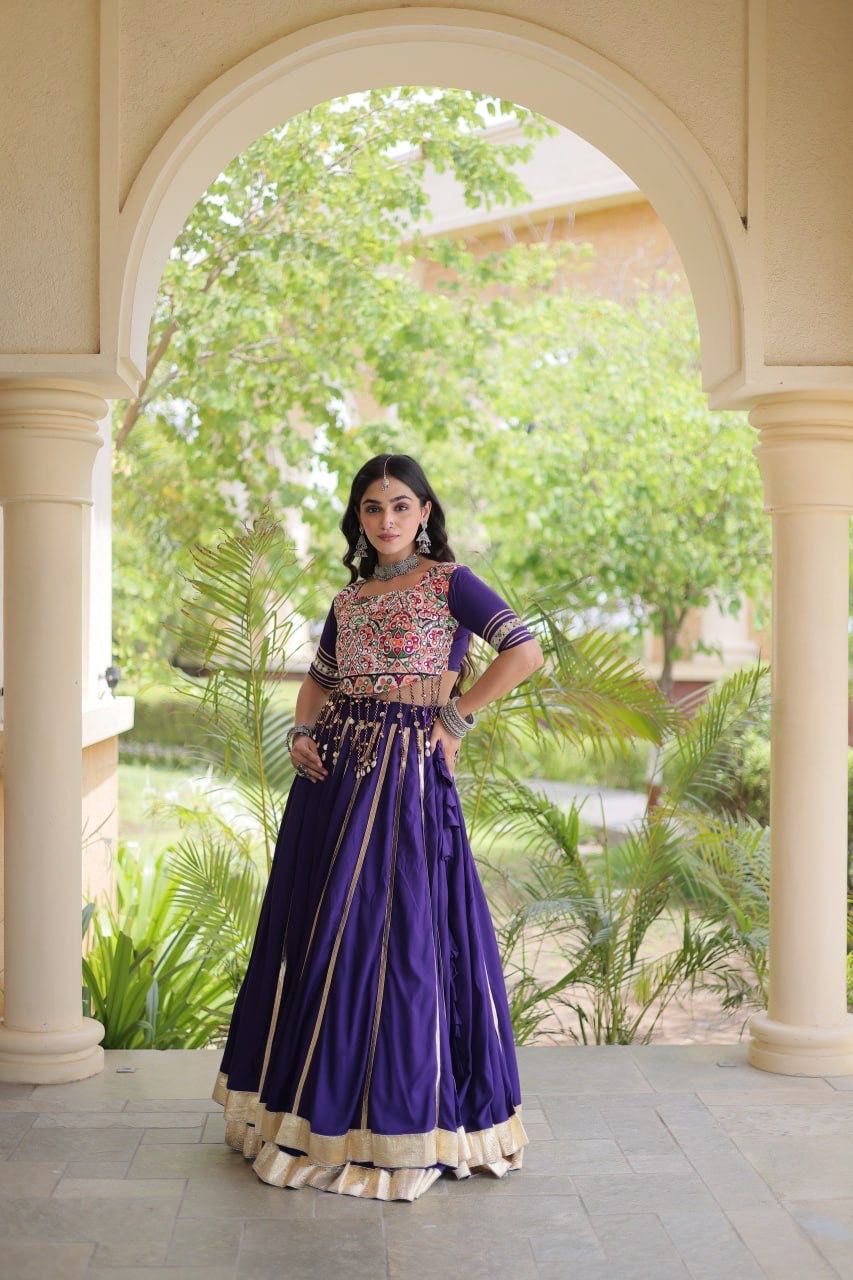 Full view of purple Navratri lehenga with 5 metre flair and decorative border